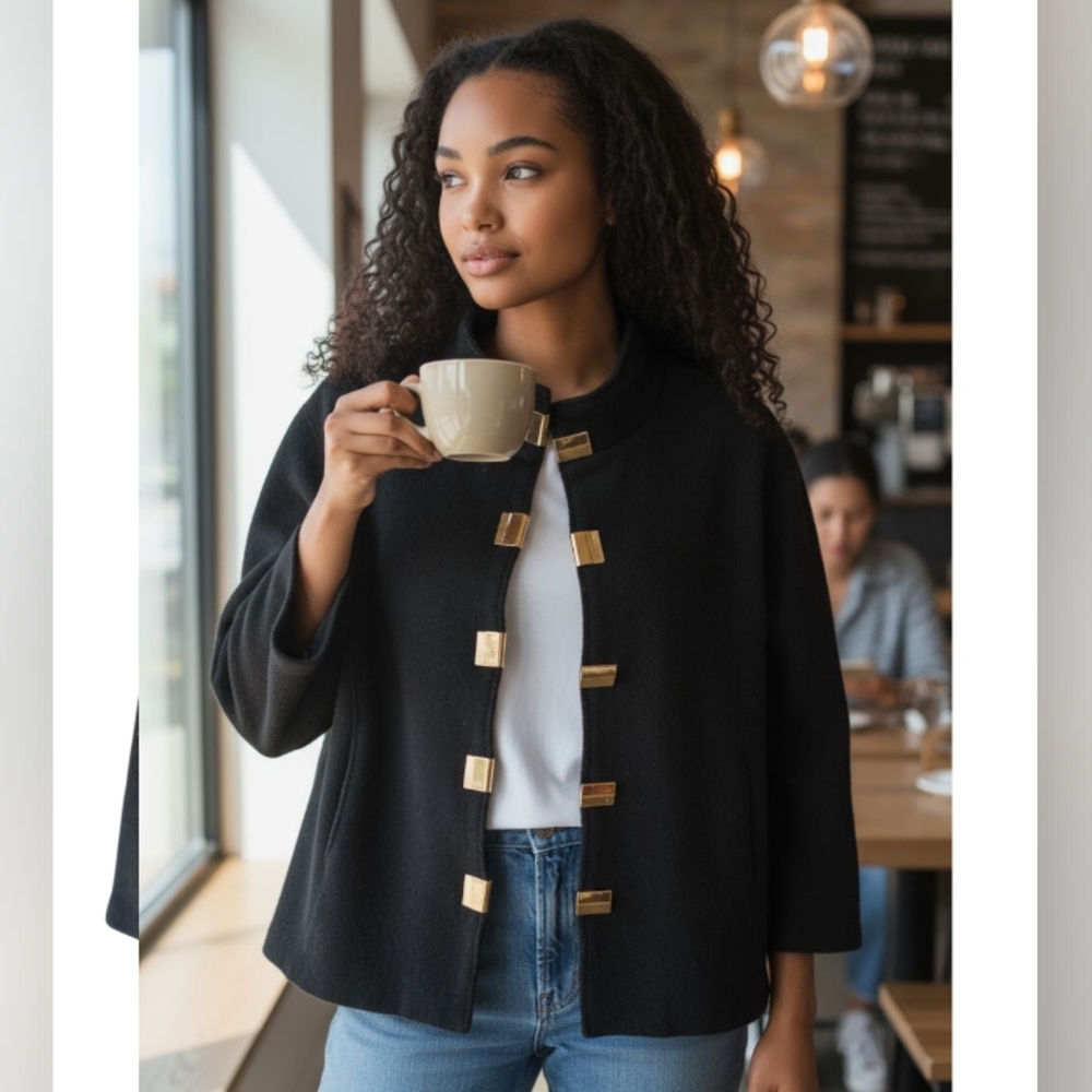 Jones New York Black Coat with Gold Accents